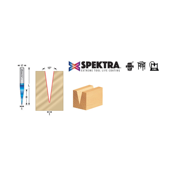 45611-K Solid Carbide 15 Degree Engraving 0.005 Tip Width x 1/4 Inch Shank Signmaking Spektra™ Extreme Tool Life Coated Router Bit