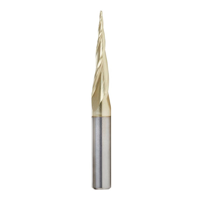 46280-S CNC 2D and 3D Carving 6.2 Deg Tapered Angle Ball Tip x 1/32 Dia x 1/64 Radius x 1  x 1/4 Shank x 2-1/4 Inch Long x 3 Flute Solid Carbide Up-Cut Spiral ZrN Coated Router Bit