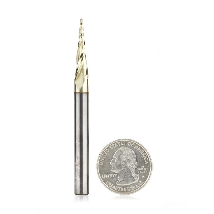 46280 CNC 2D and 3D Carving 6.2 Deg Tapered Angle Ball Tip x 1/32 Dia x 1/64 Radius x 1  x 1/4 Shank x 3 Inch Long x 3 Flute Solid Carbide Up-Cut Spiral ZrN Coated Router Bit