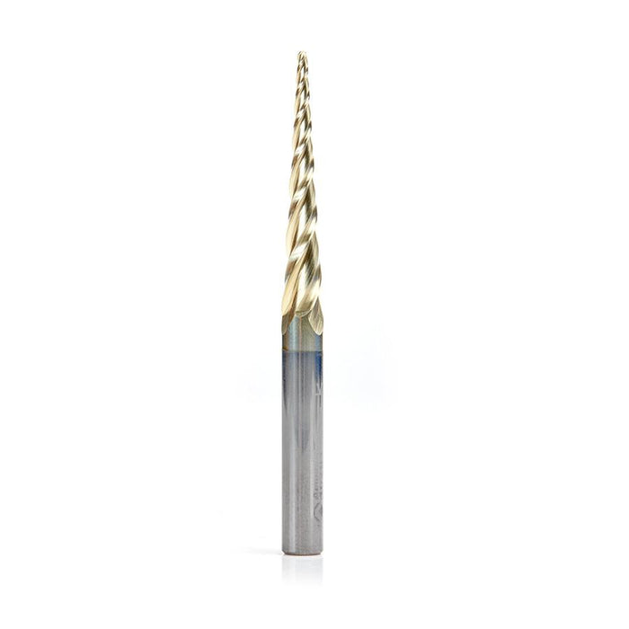 46281 CNC 2D and 3D Carving 3.6 Deg Tapered Angle Ball Tip 1/16 Dia x 1/32 Radius x 1-1/2 x 1/4 Shank x 3 Inch Long x 3 Flute Solid Carbide Up-Cut Spiral ZrN Coated Router Bit