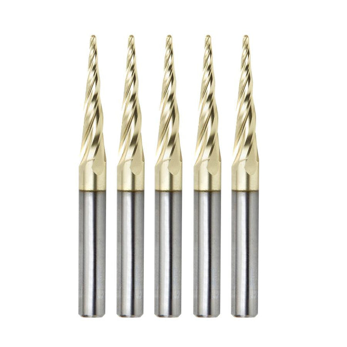 Amana Tool 46282-5, 5-Pack CNC 2D and 3D Carving 5.4 Deg Tapered Angle Ball Tip 1/16 Dia x 1/32 Radius x 1 x 1/4 Shank x 3 Inch Long x 4 Flute Solid Carbide Up-Cut Spiral ZrN Coated