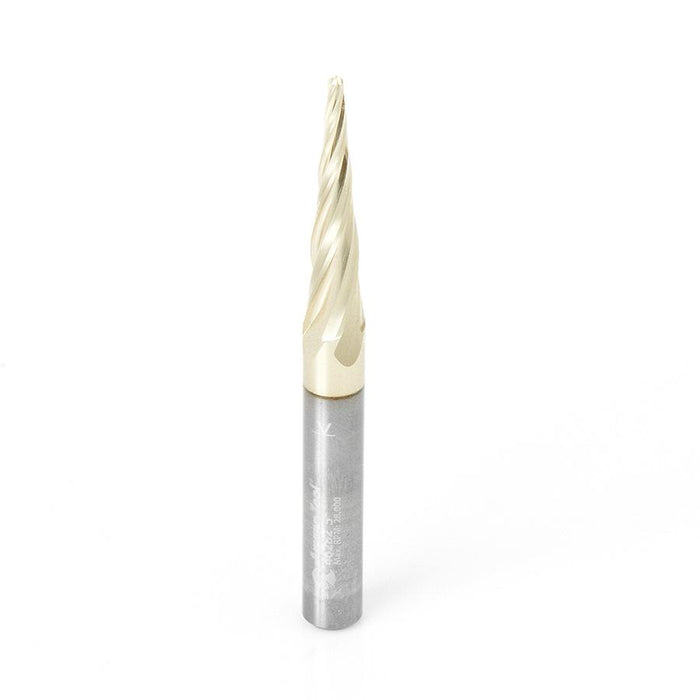 46282 CNC 2D and 3D Carving 5.4 Deg Tapered Angle Ball Tip 1/16 Dia x 1/32 Radius x 1 x 1/4 Shank x 3 Inch Long x 4 Flute Solid Carbide Up-Cut Spiral ZrN Coated Router Bit
