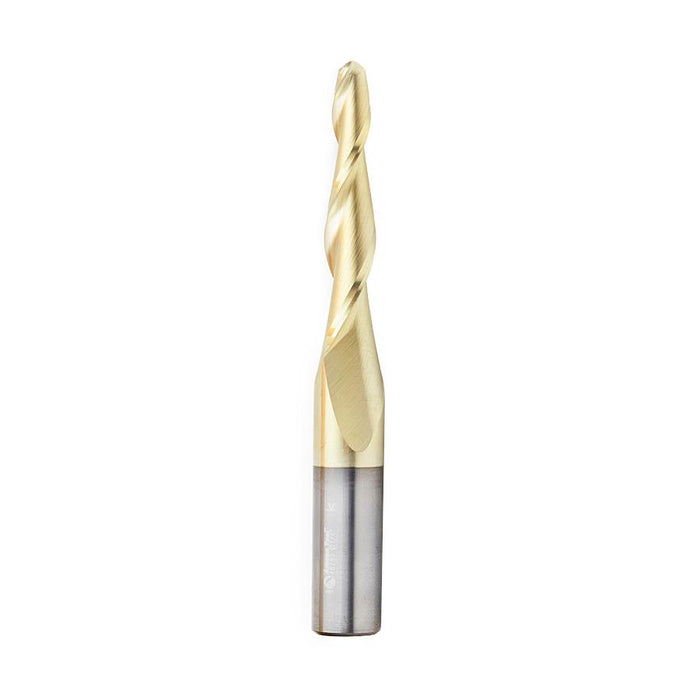 46283 CNC 2D and 3D Carving 3 Deg Tapered Angle Ball Tip 1/4 Dia x 1/8 Radius x 2  x 1/2 Shank x 4 Inch Long x 2 Flute Solid Carbide Up-Cut Spiral ZrN Coated Router Bit