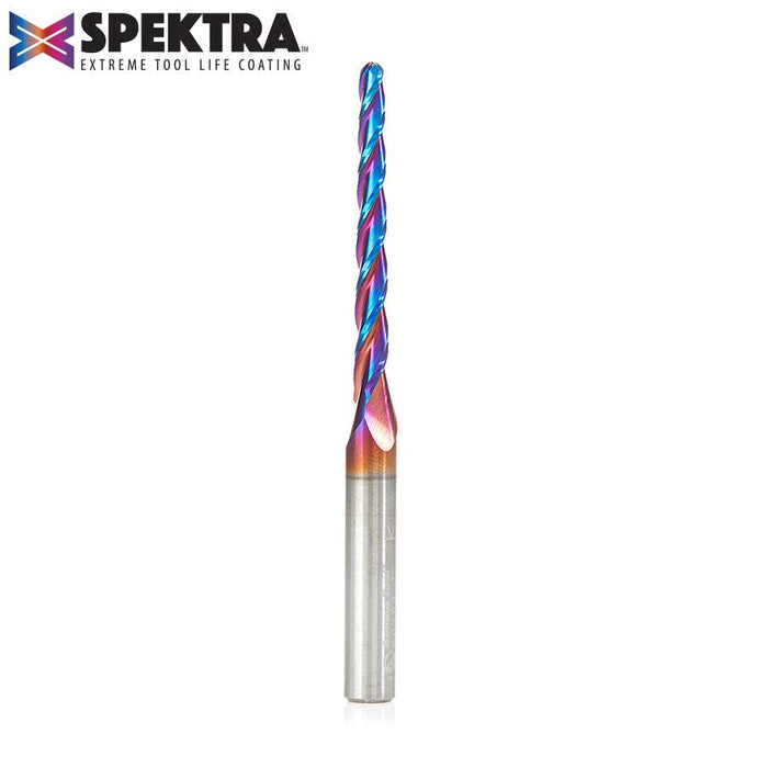 46284-K CNC 2D and 3D Carving 1 Deg Tapered Angle Ball Tip x 1/8 Dia x 1/16 Radius x 1-1/2 x 1/4 Shank x 3 Inch Long x 3 Flute Solid Carbide Up-Cut Spiral Spektra™ Extreme Tool Life Coated Router Bit