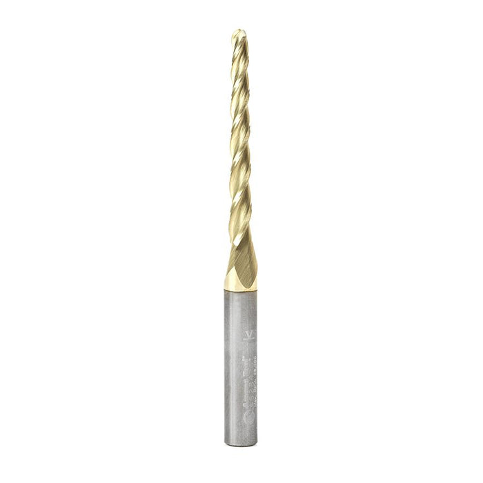 46284 CNC 2D and 3D Carving 1 Deg Tapered Angle Ball Tip 1/8 Dia x 1/16 Radius x 1-1/2  x 1/4 Shank x 3 Inch Long x 3 Flute Solid Carbide Up-Cut Spiral ZrN Coated Router Bit