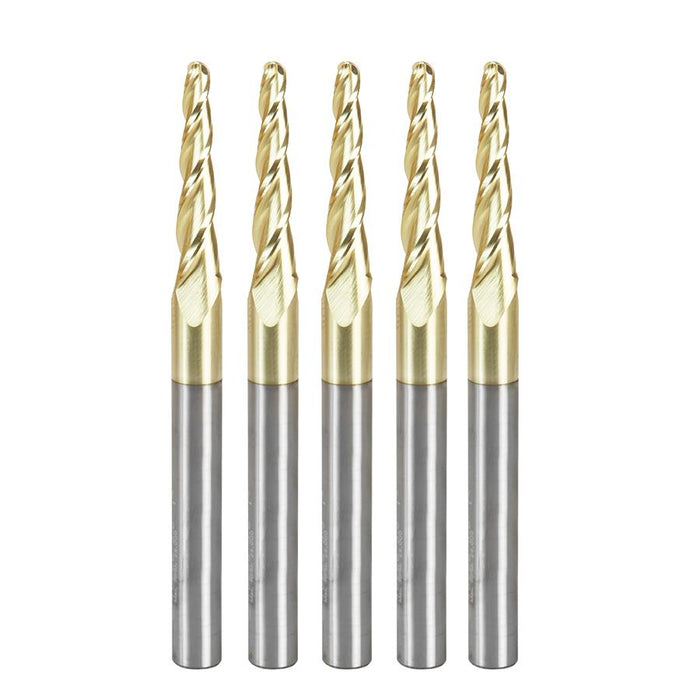 Amana Tool 46286-5, 5-Pack CNC 2D and 3D Carving 3.6 Deg Tapered Angle Ball Tip 1/8 Dia x 1/16 Radius x 1 x 1/4 Shank x 3 Inch Long x 3 Flute Solid Carbide Up-Cut Spiral ZrN Coated