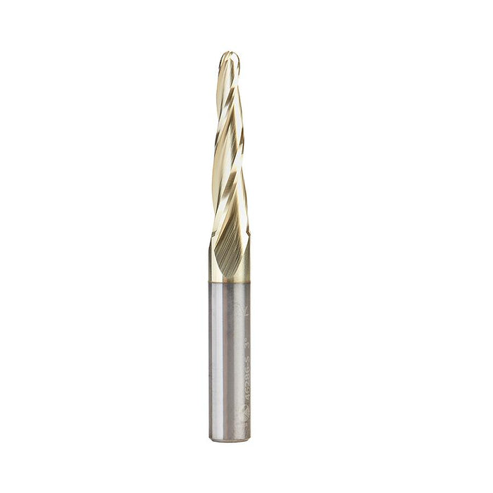 46286-S CNC 2D and 3D Carving 3.6 Deg Tapered Angle Ball Tip 1/8 Dia x 1/16 Radius x 1  x 1/4 Shank x 2-1/4 Inch Long x 3 Flute Solid Carbide Up-Cut Spiral ZrN Coated Router Bit