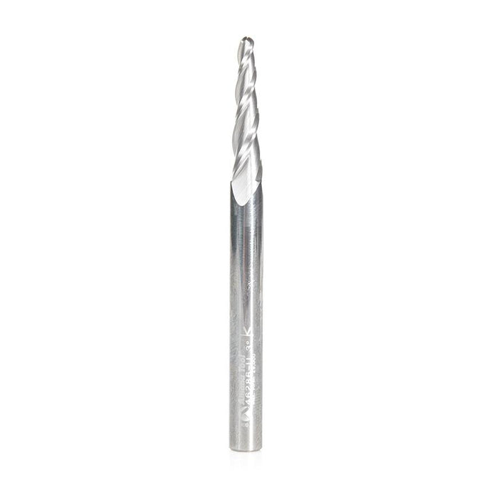 46286-U CNC 2D and 3D Carving 3.6 Deg Tapered Angle Ball Tip 1/8 Dia x 1/16 Radius x 1 x 1/4 Shank x 3 Inch Long x 3 Flute Solid Carbide Up-Cut Spiral Router Bit