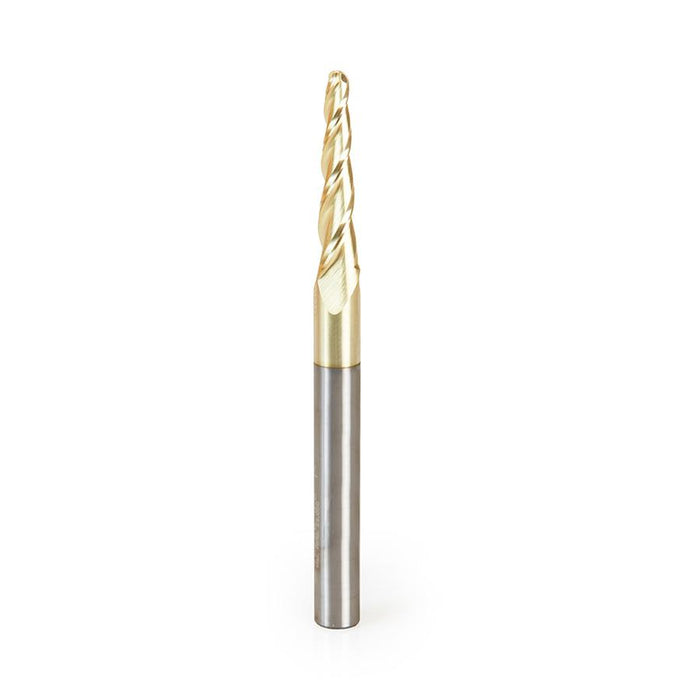 46286 CNC 2D and 3D Carving 3.6 Deg Tapered Angle Ball Tip 1/8 Dia x 1/16 Radius x 1  x 1/4 Shank x 3 Inch Long x 3 Flute Solid Carbide Up-Cut Spiral ZrN Coated Router Bit