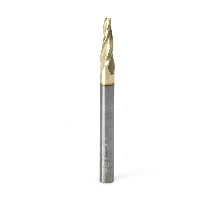 46287 CNC 2D and 3D Carving 5 Deg Tapered Angle Ball Tip 1/8 Dia x 1/16 Radius x 3/4 x 1/4 Shank x 3 Inch Long x 3 Flute Solid Carbide Up-Cut Spiral ZrN Coated Router Bit