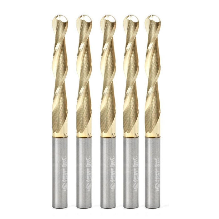 Amana Tool 46294-5, 5-Pack CNC 2D and 3D Carving 0.10 Deg Straight Angle Ball Tip 1/4 Dia x 1/8 Radius x 1-1/2 x 1/4 Shank x 3 Inch Long x 2 Flute Solid Carbide ZrN Coated Router Bit