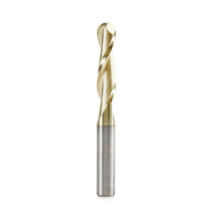 46294-S CNC 2D and 3D Carving 0.10 Deg Straight Angle Ball Tip 1/4 Dia x 1/8 Radius x 1 x 1/4 Shank x 2-1/4 Inch Long x 2 Flute Solid Carbide ZrN Coated Router Bit