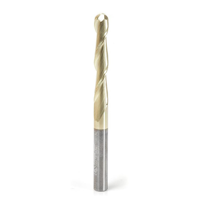 46479 Metric CNC 2D and 3D Carving 0.10 Deg Straight Angle Ball Tip x 6mm Dia x 3mm Radius x 38mm x 6mm Shank x 75mm Long x 2 Flute Solid Carbide ZrN Coated Router Bit