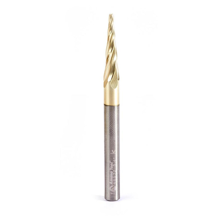 46572 CNC 2D and 3D Carving Flat Bottom 5.4 Deg Angle x 1/16 Dia x 1 x 1/4 Shank x 3 Inch Long x 4 Flute Solid Carbide ZrN Coated Router Bit