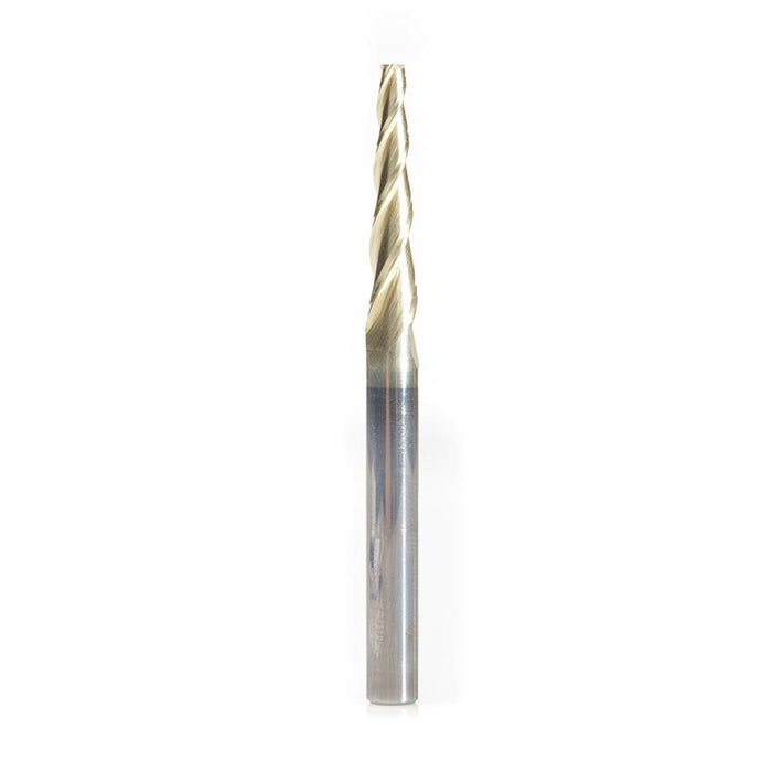 46573 CNC 2D and 3D Carving Flat Bottom 3.6 Deg Angle x 1/8 Dia x 1 x 1/4 Shank x 3 Inch Long x 3 Flute Solid Carbide ZrN Coated Router Bit
