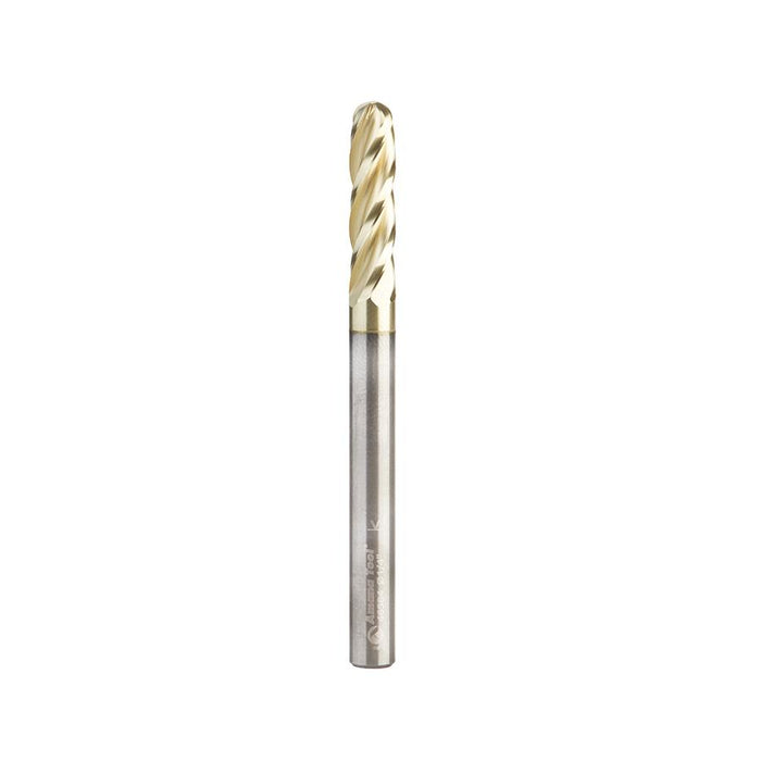 46584 CNC 2D and 3D Carving 0.10 Deg Straight Angle Ball Tip 1/4 Dia x 1/8 Radius x 1  x 1/4 Shank x 3 Inch Long x 4 Flute Solid Carbide ZrN Coated Router Bit