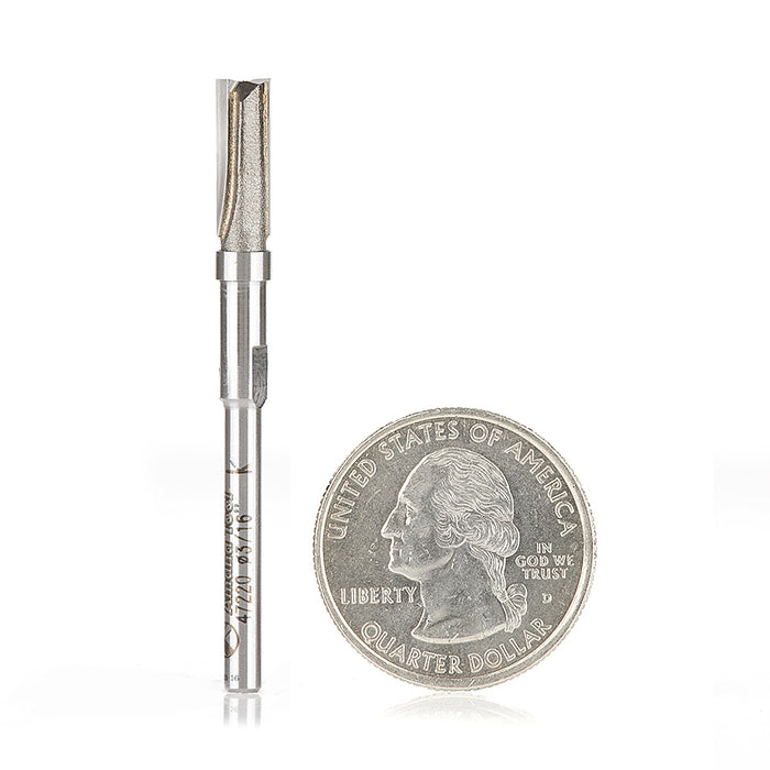 47220 Miniature Flush Trim Plunge Template 3/16 Dia x 1/2 x 1/8 Inch Shank Carbide Tipped Router Bit with Mini 3/16 Dia Upper Ball Bearing