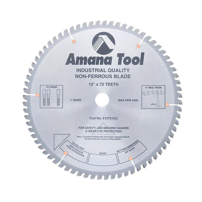 512721 Carbide Tipped Aluminum and Non-Ferrous Metals 12 Inch Dia x 72T TCG, -6 Deg, 1 Inch Bore