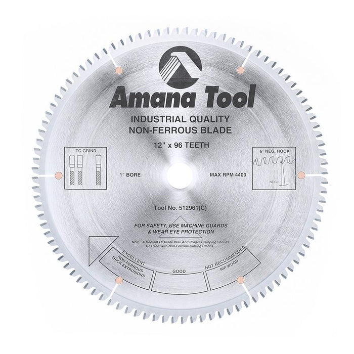 512961 Carbide Tipped Aluminum and Non-Ferrous Metals 12 Inch Dia x 96T TCG, -6 Deg, 1 Inch Bore