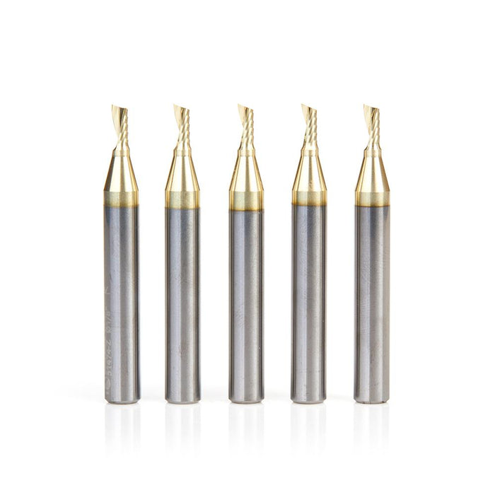 51474-Z-5 5-Pack Solid Carbide CNC Spiral 'O' Flute, Aluminum Cutting 1/8 Dia x 1/4 x 1/4 Shank Up-Cut ZrN Coated Router Bit