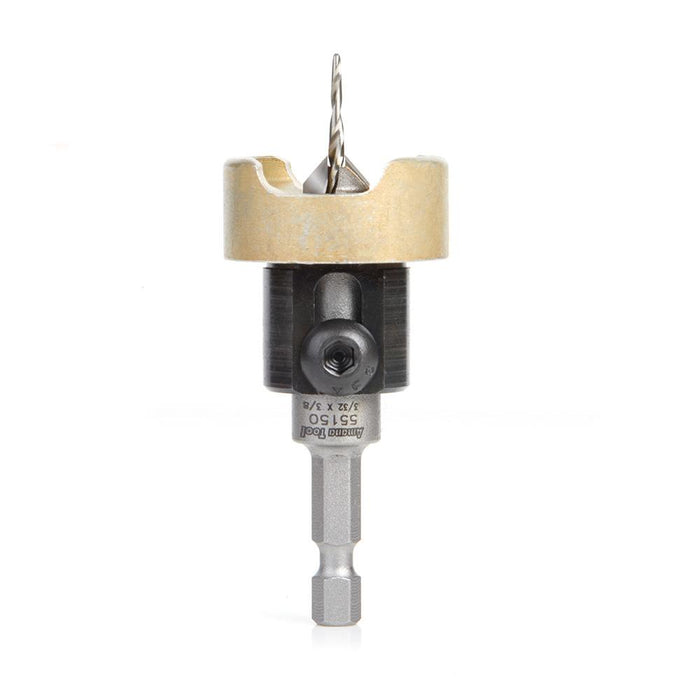 55150 Carbide Tipped 82 Degree Countersink with Tapered Drill and Adjustable Depth Stop with No-Thrust Ball Bearing 3/8 Dia x 3/32 Drill Dia x 1/4 Inch Quick Release Hex Shank