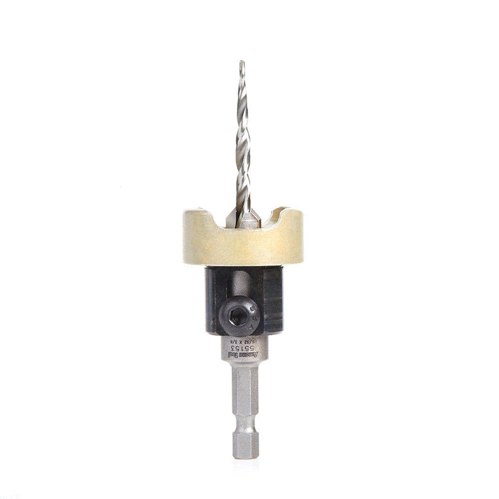 55153 Carbide Tipped 82 Degree Countersink with Tapered Drill and Adjustable Depth Stop with No-Thrust Ball Bearing, 3/8 Dia x 5/32 Drill Dia x 1/4 Inch Quick Release Hex Shank