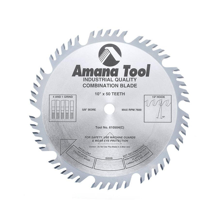 610504 Carbide Tipped Combination Ripping and Crosscut 10 Inch Dia x 50T 4+1, 15 Deg, 5/8 Bore