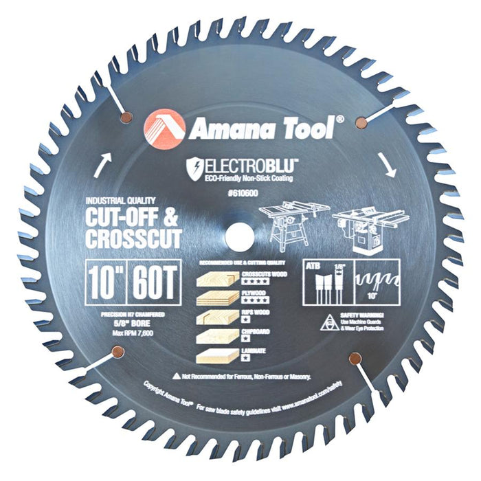 610600C Electro-Blu™ Carbide Tipped Prestige™ Cut-Off and Crosscut 10 Inch Dia x 60T ATB, 10 Deg, 5/8 Bore, Non-Stick Coated