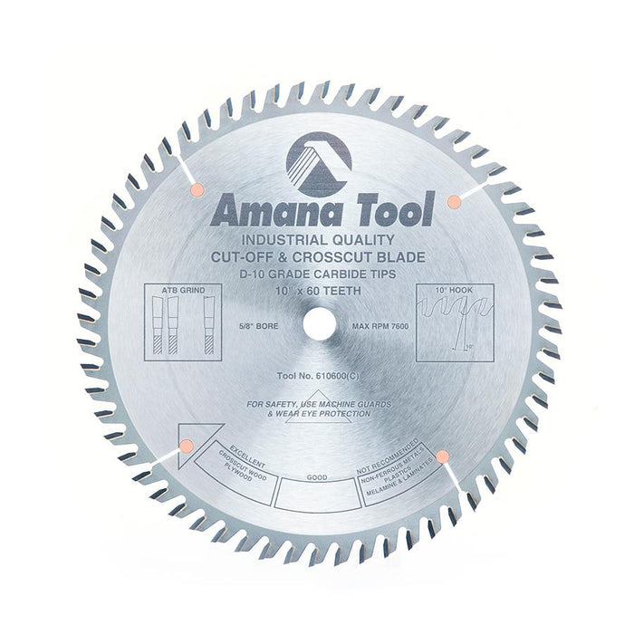 610600 Carbide Tipped Cut-Off and Crosscut 10 Inch Dia x 60T ATB, 10 Deg, 5/8 Bore