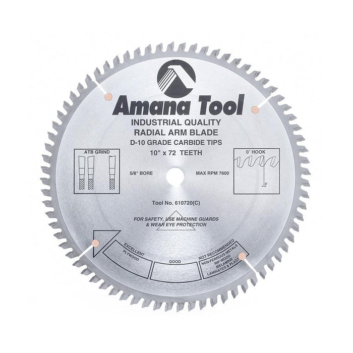 610720 Carbide Tipped Radial Arm 10 Inch Dia x 72T ATB, 0 Deg, 5/8 Bore Circular Saw Blade