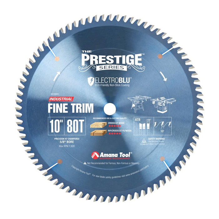 610800C Electro-Blu™ Carbide Tipped Prestige™ Trim 10 Inch Dia x 80T ATB, 10 Deg, 5/8 Bore, Non-Stick Coated