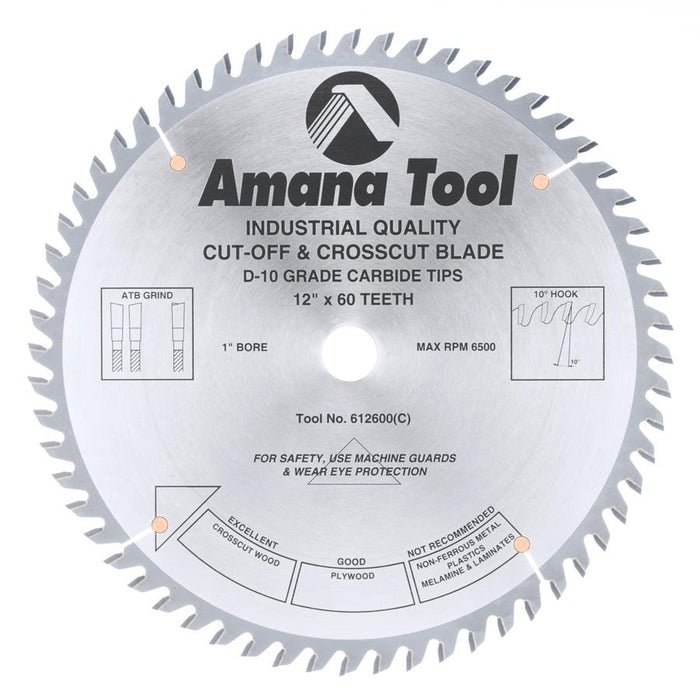 612600 Carbide Tipped Cut-Off and Crosscut 12 Inch Dia x 60T ATB, 10 Deg, 1 Inch Bore