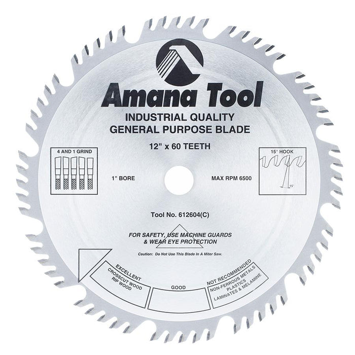 612604 Carbide Tipped Combination Ripping and Crosscut 12 Inch Dia x 60T 4+1, 15 Deg, 1 Inch Bore