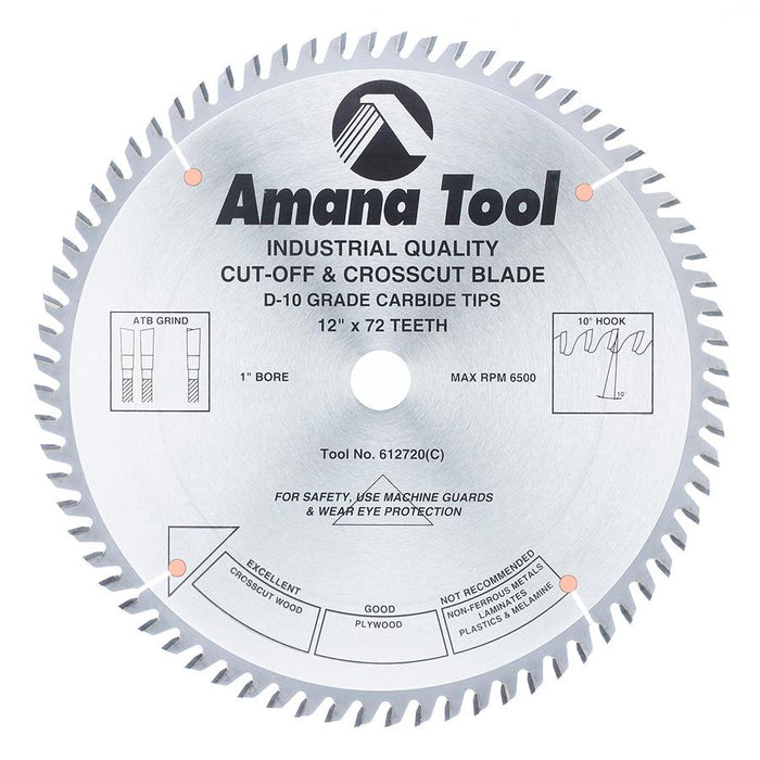 612720 Carbide Tipped Cut-Off and Crosscut 12 Inch Dia x 72T ATB, 10 Deg, 1 Inch Bore