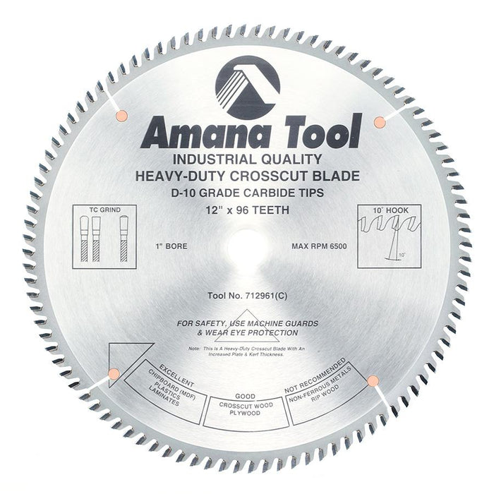 Amana Tool 712961 Carbide Tipped Cut-Off and Crosscut 12 Inch Dia x 96T TCG, 10 Deg, 1 Inch Bore