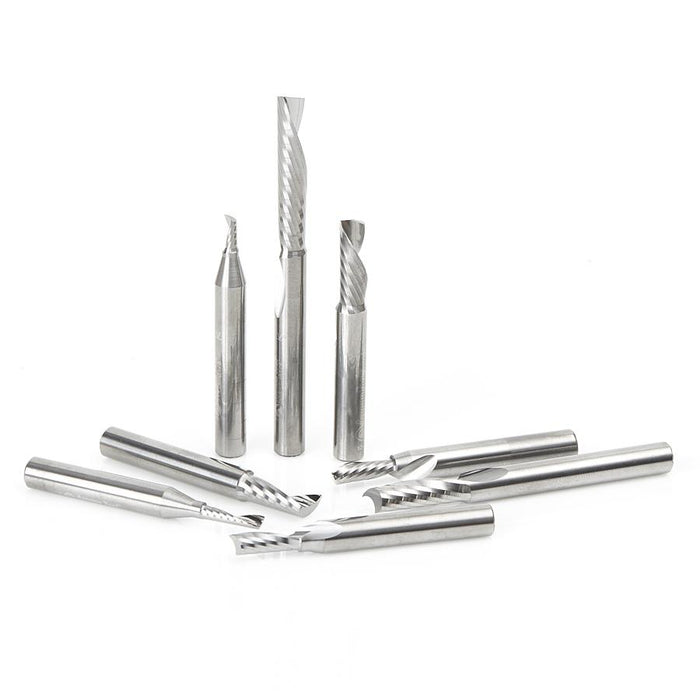 AMS-160 8-Pc Aluminum Cutting Solid Carbide Spiral 'O' Flute CNC Router Bit Collection, 1/4 Inch Shank