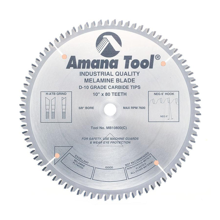 MB10800 Carbide Tipped Double-Face Melamine 10 Inch Dia x 80T H-ATB, -6 Deg, 5/8 Bore