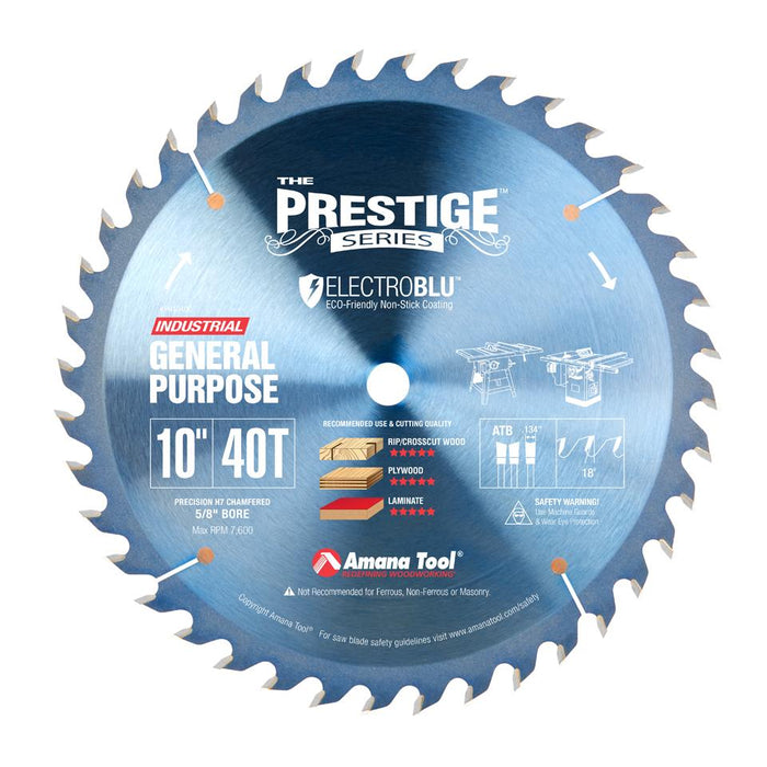 PR1040C Electro-Blu™ Carbide Tipped Prestige™ General Purpose 10 Inch Dia 40T ATB, 18 Deg, 5/8 Bore, Non-Stick Coated