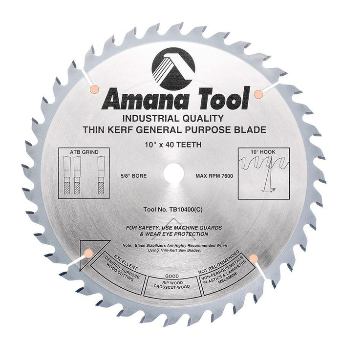 TB10400 Carbide Tipped Thin Kerf General Purpose 10 Inch Dia x 40T ATB, 15 Deg, 5/8 Bore