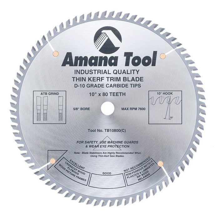 TB10800 Carbide Tipped Thin Kerf Trim 10 Inch Dia x 80T ATB, 10 Deg, 5/8 Bore