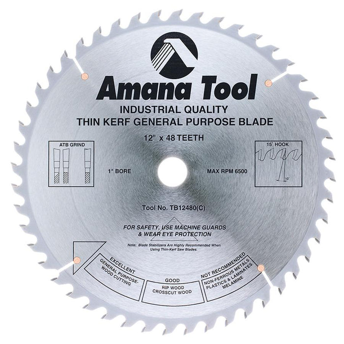 TB12480 Carbide Tipped Thin Kerf General Purpose 12 Inch Dia x 48T ATB, 15 Deg, 1 Inch Bore