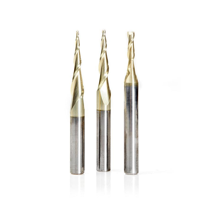 AMS-110 3-Pc CNC Up-Cut Spiral 2D and 3D Carving Ball Nose & Flat Bottom ZrN Coated Solid Carbide 1/4 Inch Shank Router Bit Set, Includes 1mm, 1/16 & 1/8 Diameters