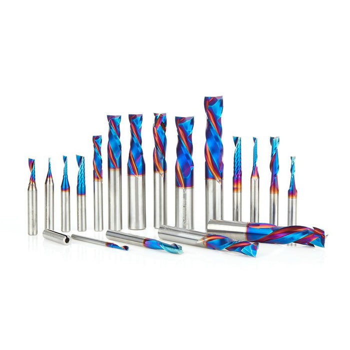 AMS-190-K 18-Pc Spektra™ Extreme Tool Life Coated Solid Carbide Compression Spiral, Plastic Cutting Spiral 'O' Flute and Spiral Plunge Router Bit Collection