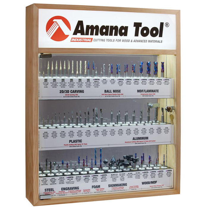 AMS-CNC-48M - Metric CNC Master Router Bit Collection, 48-Pcs with LED Illuminated, Mirrored Interior and Solid Wood Display