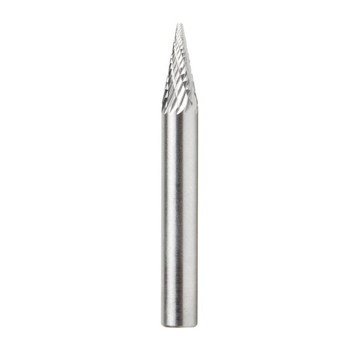 BURS-222 Solid Carbide Pointed Cone Shape 1/4 Dia x 1/2 x 1/4 Shank Double Cut SM Burr Bit for Die-Grinders