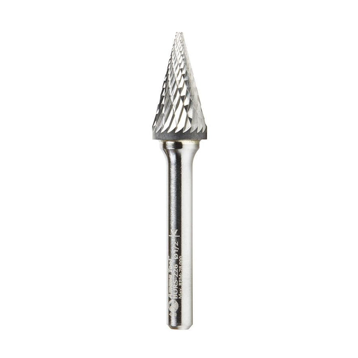 BURS-226 Solid Carbide Pointed Cone Shape 1/2 Dia x 7/8 x 1/4 Shank Double Cut SM Burr Bit for Die-Grinders