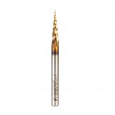 HSS1298-M CNC 2D and 3D Carving 5.8 Deg Tapered Angle Ball Tip x 0.5mm Dia x 0.25mm Radius x 26mm x 6mm Shank x 76mm Long x 3 Flute High Speed Steel (HSS) Up-Cut Spiral ZrN Coated Router Bit