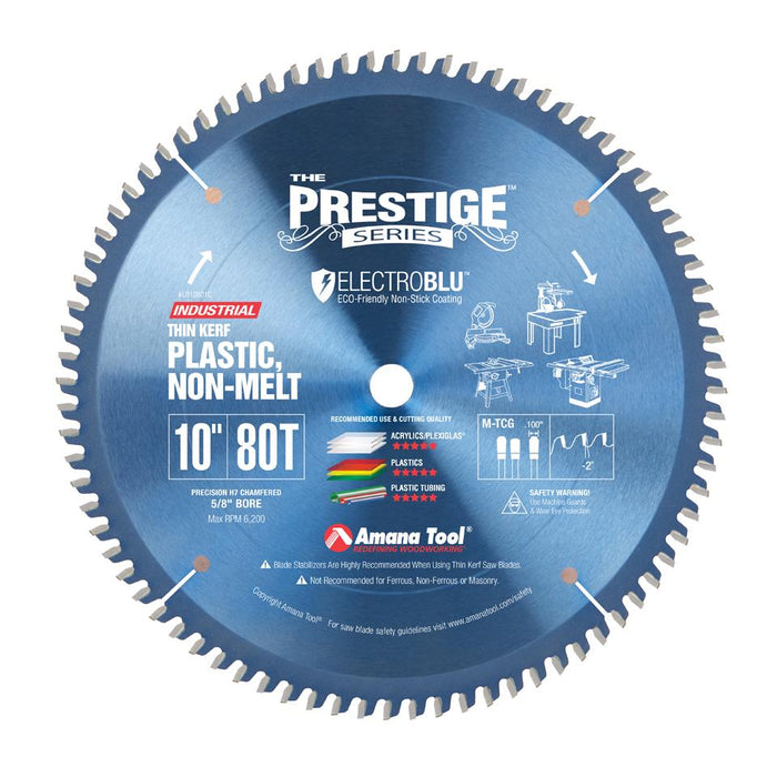 LB10801C Electro-Blu™ Carbide Tipped Prestige™ Non-Melt Plastic 10 Inch Dia x 80T M-TCG, -2 Deg, 5/8 Bore, Non-Stick Coated