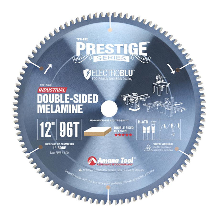 MB12960C Electro-Blu™ Carbide Tipped Prestige™ Double-Face Melamine 12 Inch Dia x 96T H-ATB, -6 Deg, 1 Inch Bore, Non-Stick Coated