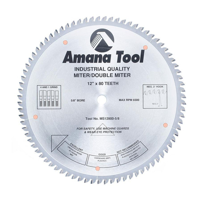 MS12800-5/8 Carbide Tipped Miter 12 Inch Dia x 80T 4+1 ATB, -2 Deg, 5/8 Bore